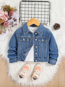 SHEIN Young Girl 1pc Flap Detail Denim Jacket - Medium Wash - View 1