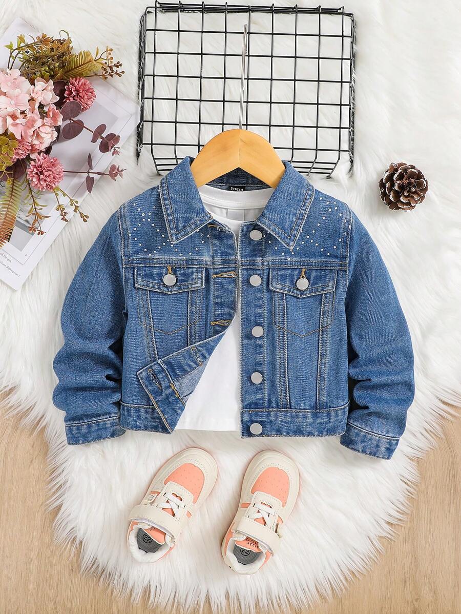 SHEIN Young Girl 1pc Flap Detail Denim Jacket - Medium Wash - View 1