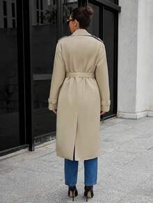 SHEIN Essnce Buckle Sleeve Double Breasted Trench Coat - Camel - View 2