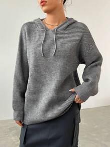 SHEIN EZwear Pull Épaule tombante À Cordon À Capuche - Gris - Voir 5