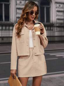 SHEIN LUNE Drop Shoulder Flap Pocket Jacket & Skirt - Khaki - View 4