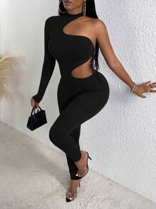 Slaydiva One Shoulder Cut Out Waist Unitard Jumpsuit - Black - View 1