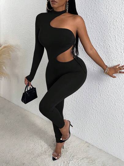Slaydiva One Shoulder Cut Out Waist Unitard Jumpsuit