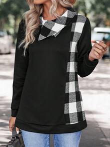 SHEIN LUNE 水牛格紋印花不對稱領套頭衫 - 黑色 - 查看 6