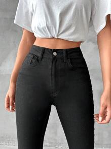 EURMUSE Solid Skinny Cropped Jeans - Black - View 3