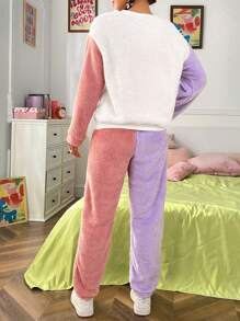 SHEIN EZwear Heart Embroidery Drop Shoulder Teddy Pullover & Pants - Multicolor - View 2