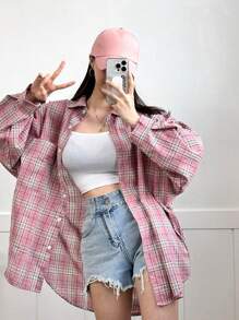 DAZY Plaid Print Drop Shoulder Shirt,Long Sleeve Tops,Back To School Clothes,Flannels Women - Pink - View 6