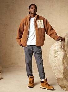 In My Nature 男士拼接面落肩袖拉鍊戶外搖粒絨夾克 - 卡其色 - 查看 8