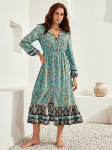 Bohemela 小碎花燈籠袖荷葉邊洋裝不附腰帶