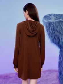 SHEIN X The Smurfs Embroidery Cartoon Pattern Hooded Nightdress - Coffee Brown - View 2