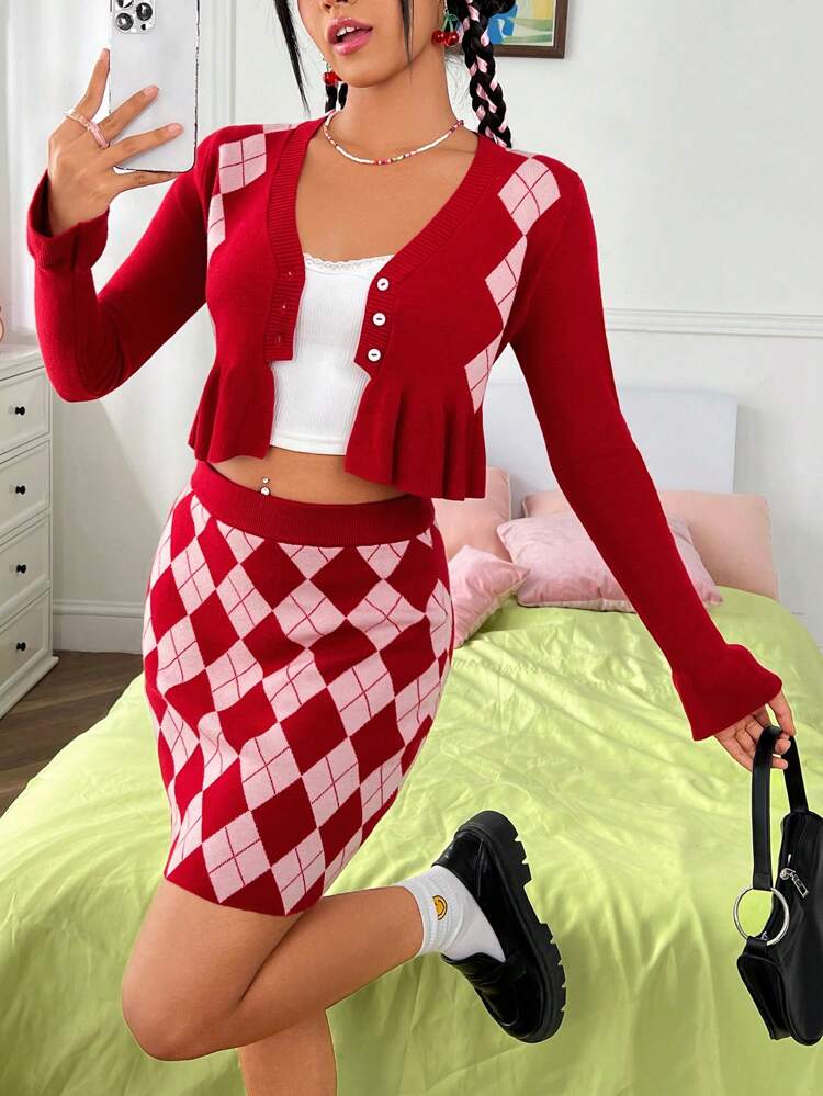 Argyle Pattern Ruffle Hem Cardigan & Knit Skirt