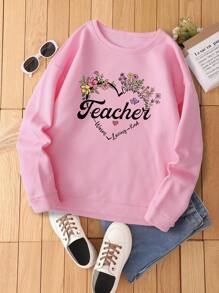 SHEIN EZwear Đồ họa hoa & chữ Lót nhiệt Áo nỉ - Hồng - Xem 1