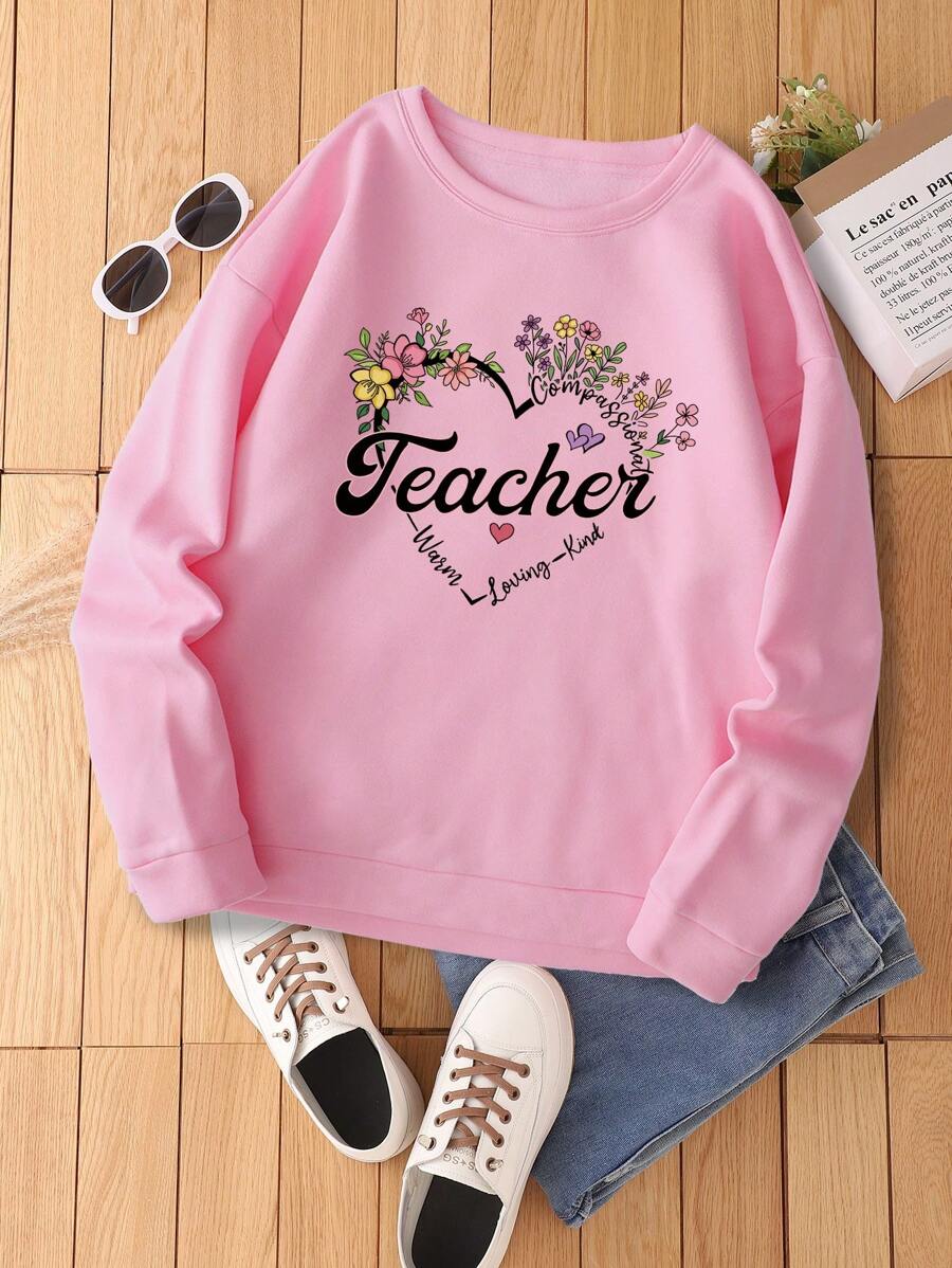 SHEIN EZwear Đồ họa hoa & chữ Lót nhiệt Áo nỉ - Hồng - Xem 1