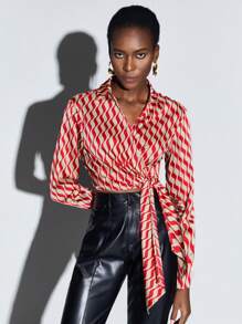 BizChic Allover Print Knot Side Wrap Blouse - Red - View 1