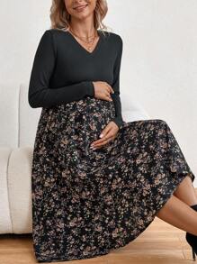 SHEIN 孕婦碎花A字洋裝 - 黑色 - 查看 3