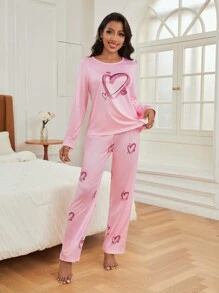 In Trái tim Bộ áo Tee & quần PJ - Hồng - Xem 2
