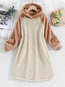 SHEIN Cô gái Tween Hai âm Tay Raglan áo có mũ Teddy Đầm có mũ - Màu be - Xem 1