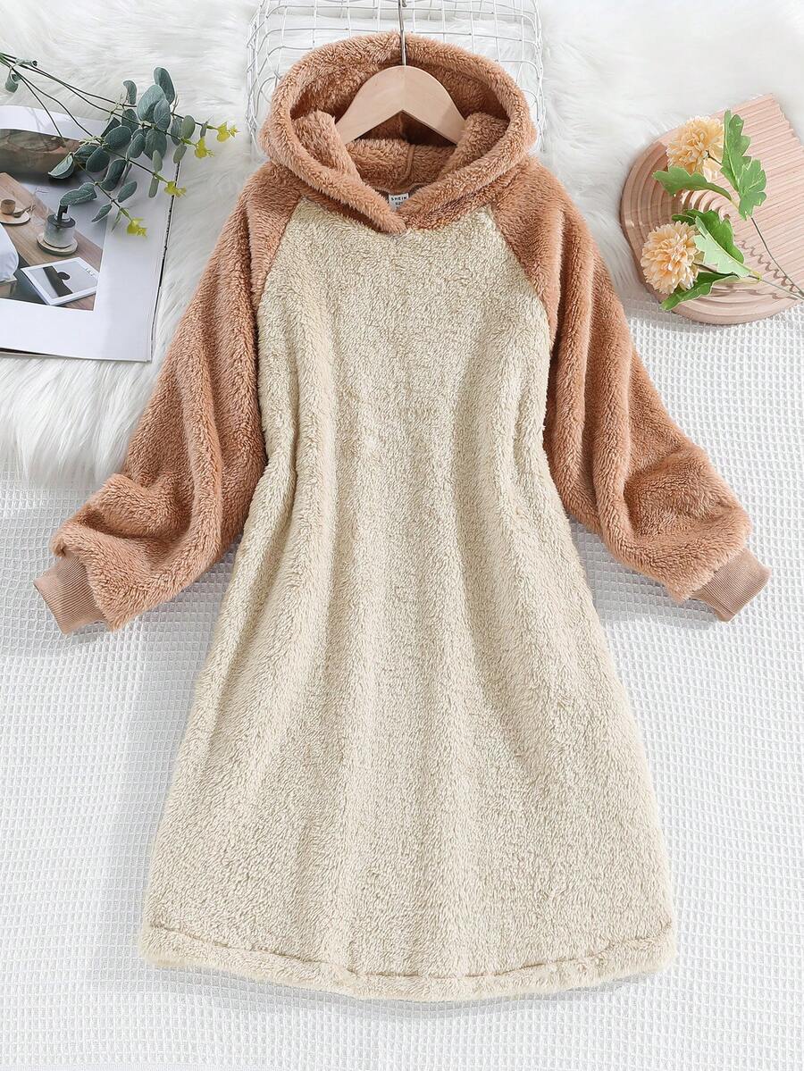 SHEIN Cô gái Tween Hai âm Tay Raglan áo có mũ Teddy Đầm có mũ - Màu be - Xem 1