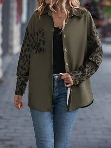 EMERY ROSE Leopard Print Drop Shoulder Pocket Patched Button Front Shirt - Army Green - View 5