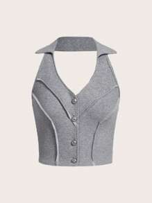 SHEIN MOD Sırtsız Nervürlü Örgü Önden Düğmeli Sade Gündelik Seksi Kadın Atlet & Camiş - Gri - Görünüm 1