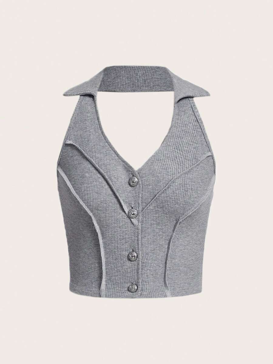 SHEIN MOD Sırtsız Nervürlü Örgü Önden Düğmeli Sade Gündelik Seksi Kadın Atlet & Camiş - Gri - Görünüm 1