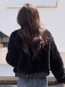 DAZY Solid Button Front Teddy Bomber Jacket - Black - View 5