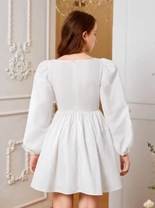 青少年女孩方領前紐扣燈籠袖洋裝 - 白色 - 查看 2