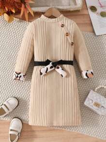 SHEIN 女小童豹紋圖案拼接紐扣細節繫腰帶洋裝 - 杏色 - 查看 1