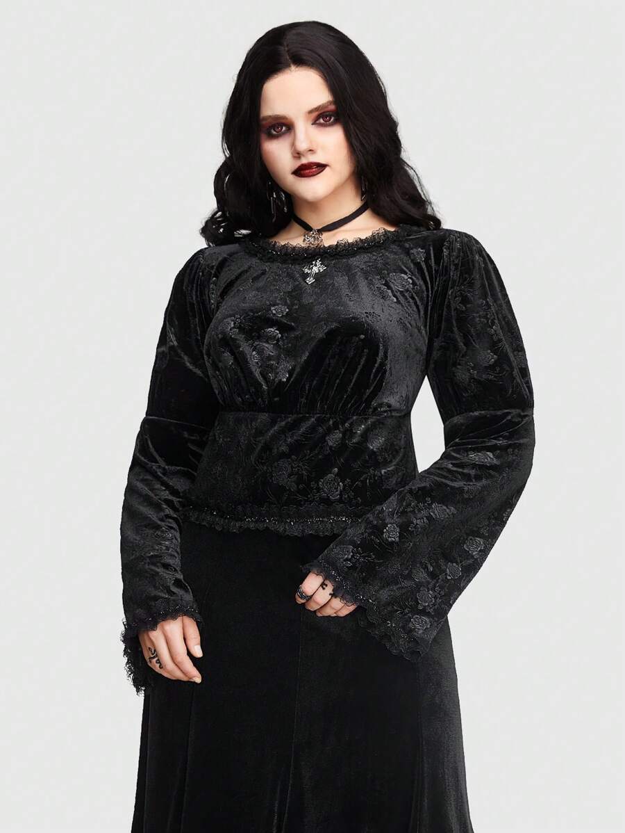 ROMWE PUNK Plus Lace Trim Velvet Tee - Black - View 1