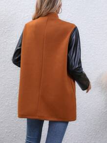 SHEIN LUNE 拼接PU皮革開門襟外套 - 棕色 - 查看 2