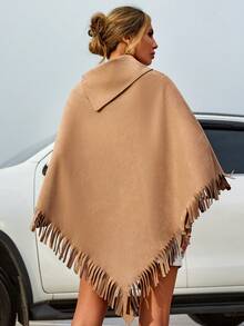 EURMUSE Solid Fringe Trim Asymmetrical Hem Cape Coat - Camel - View 2