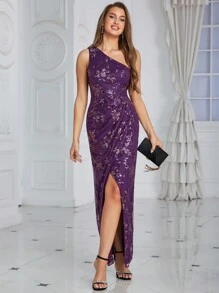 Eilly Bazar One Shoulder Wrap Hem Sequin Prom Dress - Purple - View 1