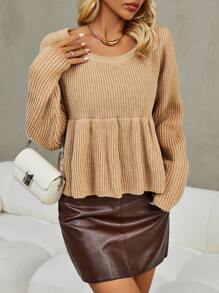 SHEIN Clasi Solid Peplum Hem Sweater Knit Pullover Fall Winter Outfit - Camel - View 4