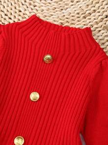 Baby Girl Button Front Pleated Sweater Dress - Red - View 4