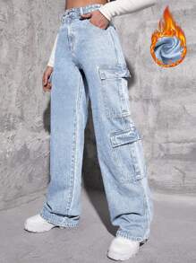 SHEIN EZwear Đã chải Chất vải Nhiệt Túi nắp bên cạnh Quần jean chở hàng - Rửa nhẹ - Xem 1
