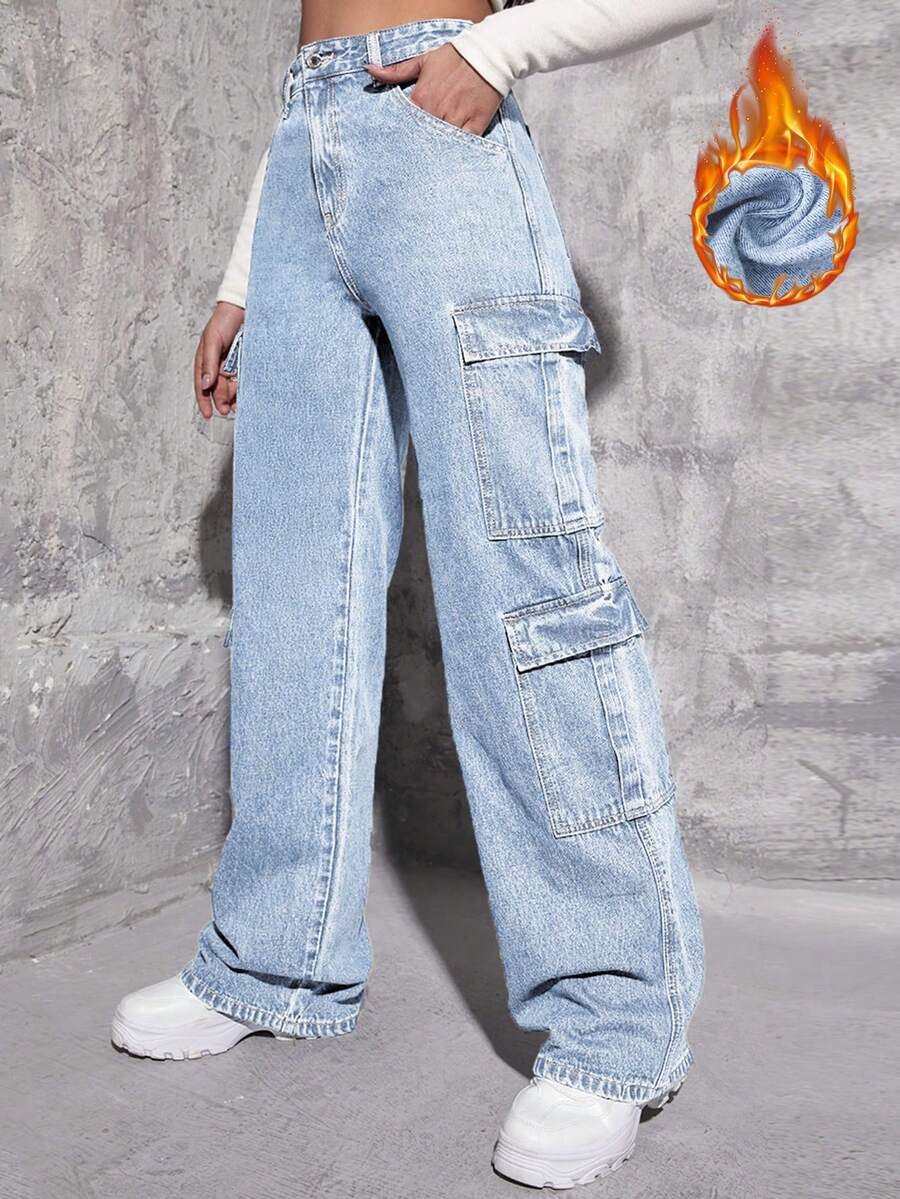 SHEIN EZwear Đã chải Chất vải Nhiệt Túi nắp bên cạnh Quần jean chở hàng - Rửa nhẹ - Xem 1