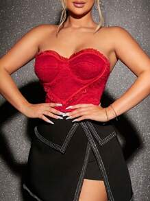 SHEIN SXY Frill Trim Bustier Crop Lace Tube Top - Red - View 1