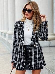 SHEIN Clasi Plaid Pattern Raw Trim Double Breasted Tweed Overcoat - Black - View 1