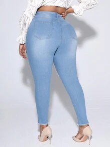 SHEIN SXY Plus High Waist Ripped Raw Hem Skinny Jeans - Light Wash - View 2