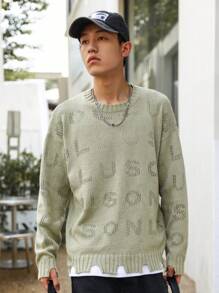 Claim Dot 寬鬆款男士毛衣,有字母圖案和下垂肩線 - 薄荷綠 - 查看 4