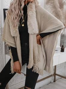 SHEIN Clasi Fuzzy Collar Fringe Trim Batwing Sleeve Duster Cardigan - Khaki - View 7