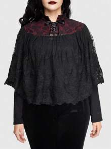 ROMWE PUNK Plus Lace Up Front Lace Cape Blouse - Black - View 2