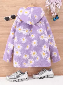 SHEIN Tween Girl Floral Pattern Hooded Teddy Coat Without Sweater - Purple - View 2