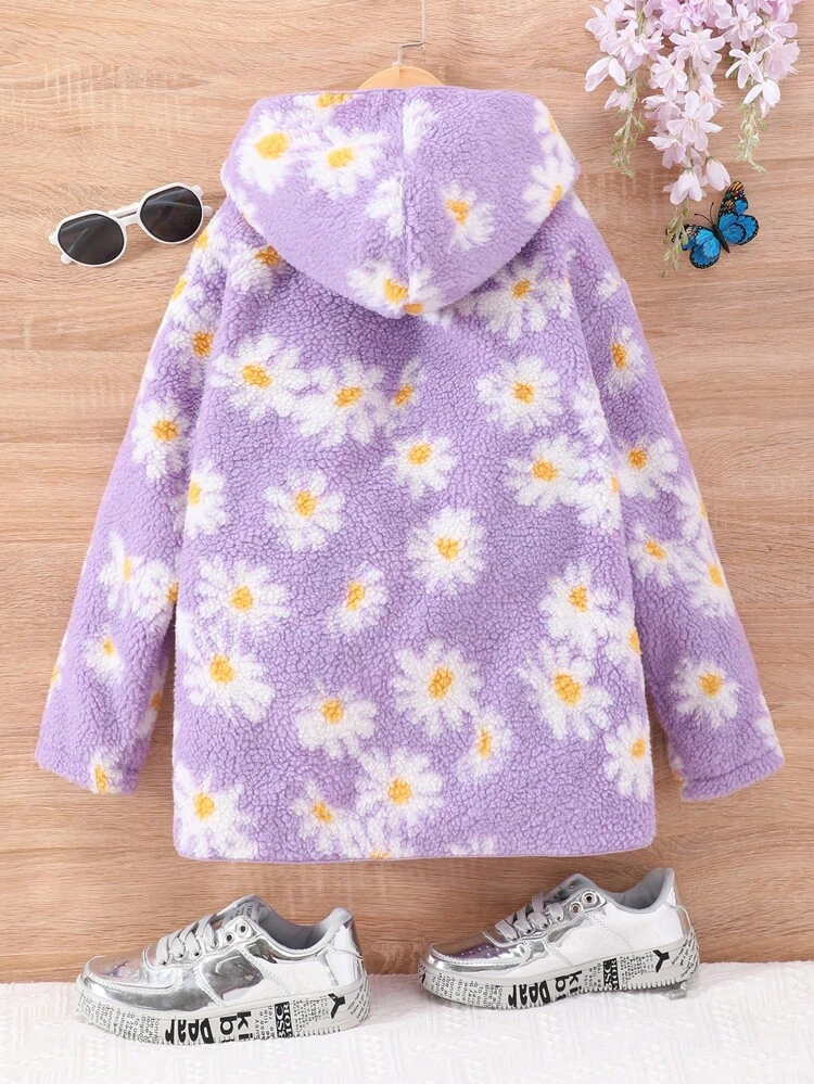 Tween Girl Floral Pattern Hooded Teddy Coat Without Sweater