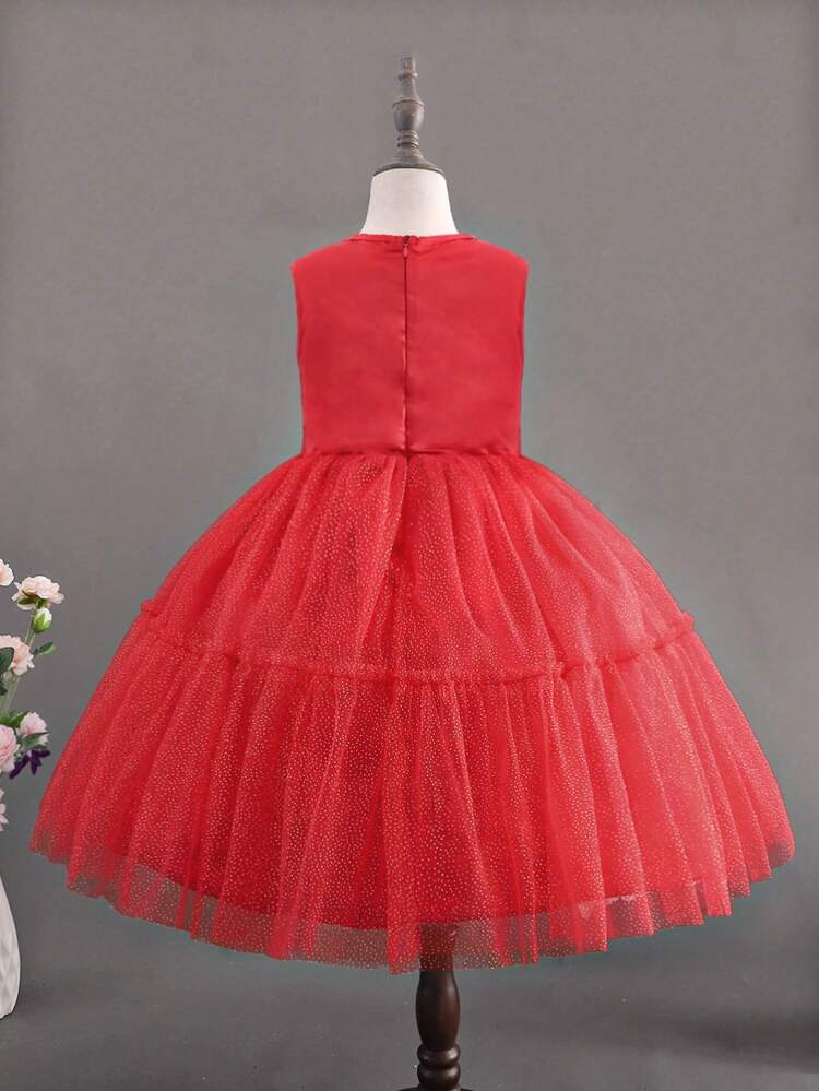Tween Girl Bow Front Mesh Overlay Gown Dress for Christmas