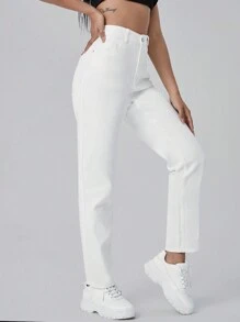 SHEIN EZwear Quần jean nữ Nút Túi Dây kéo màu trơn - trắng - Xem 1