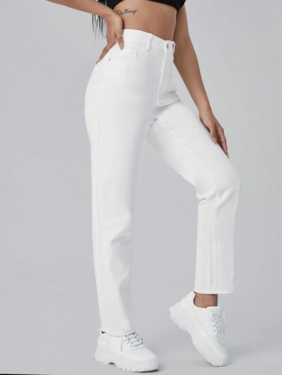 SHEIN EZwear Quần jean nữ Nút Túi Dây kéo màu trơn - trắng - Xem 1