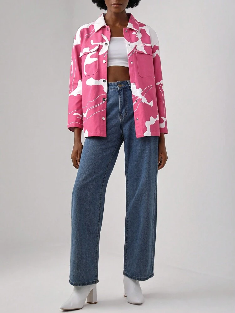 Designer Letter Graphic Flap Pocket Drop Shoulder Jacket