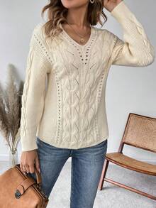 SHEIN Frenchy 麻花編織落肩袖套頭毛衣 - 杏色 - 查看 5