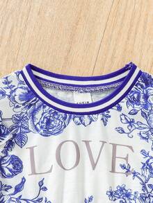 SHEIN 女嬰花和字母圖案荷葉邊洋裝和頭巾 - 藍色 - 查看 5